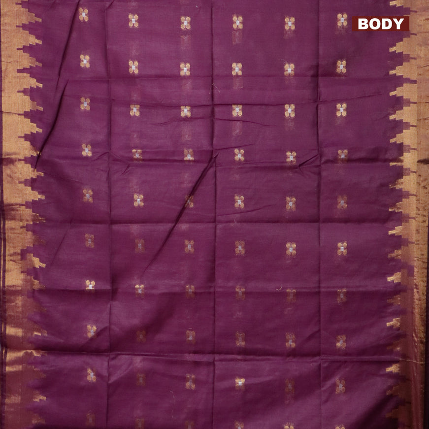 Semi tussar saree purple and mustard yellow with silver & zari woven buttas and temple design zari woven border & kalamkari printed blouse