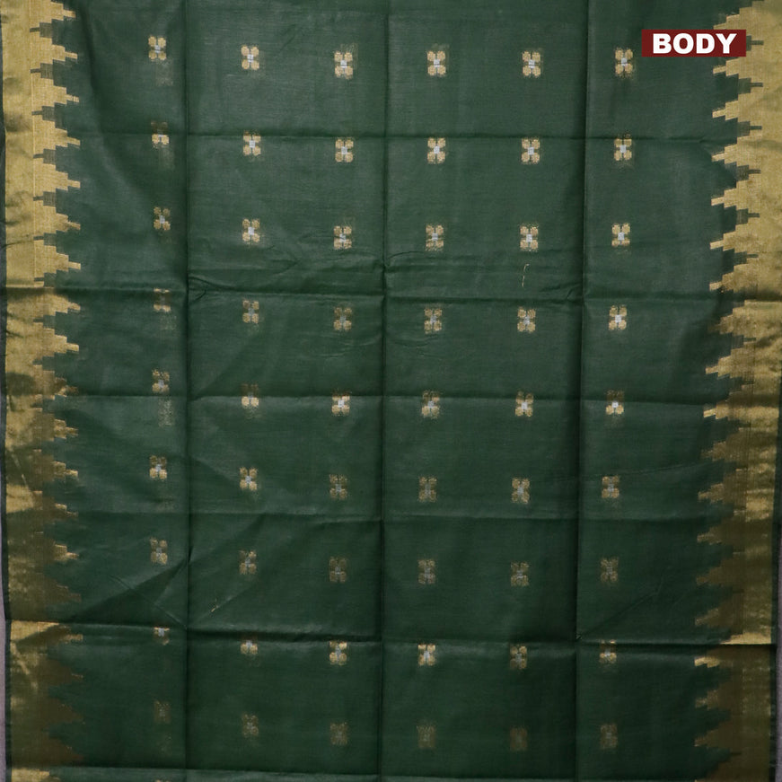 Semi tussar saree green and maroon with silver & zari woven buttas and temple design zari woven border & kalamkari printed blouse