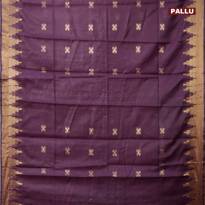 Semi tussar saree wine shade and blue with silver & zari woven buttas and temple design zari woven border & kalamkari printed blouse