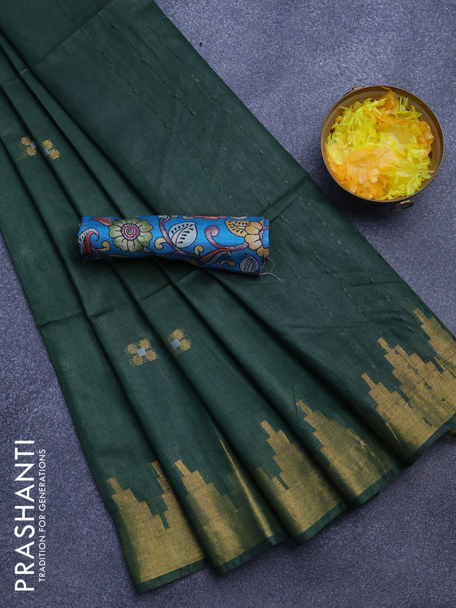 Semi tussar saree dark green and teal blue with silver & zari woven buttas and temple design zari woven border & kalamkari printed blouse