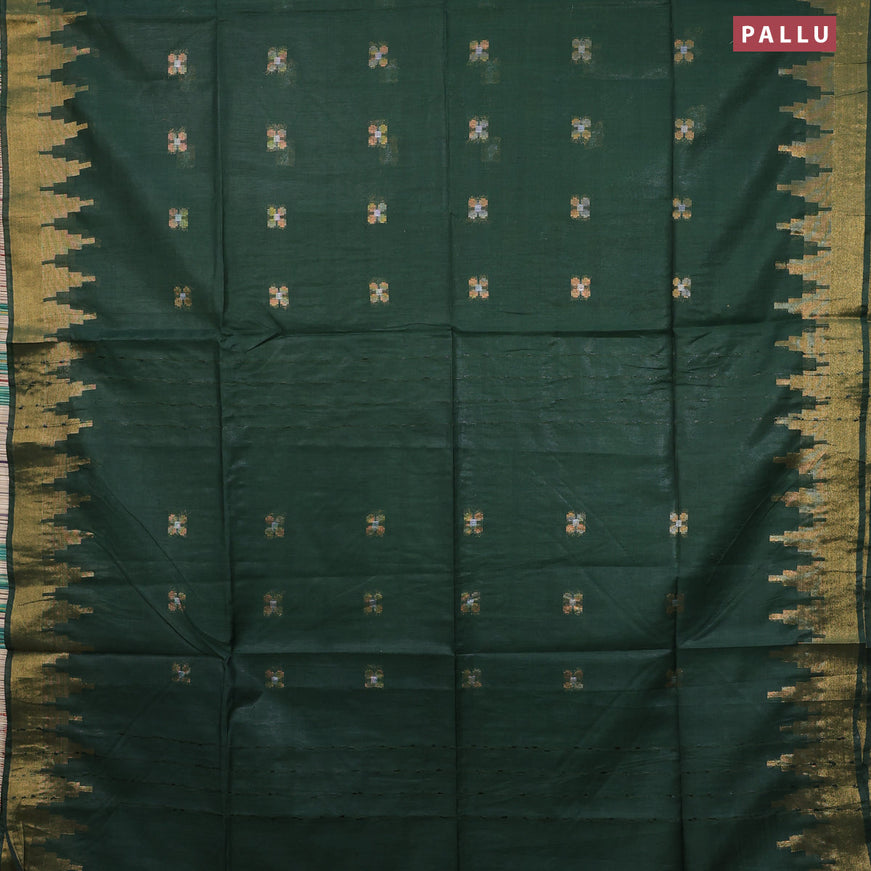 Semi tussar saree dark green and teal blue with silver & zari woven buttas and temple design zari woven border & kalamkari printed blouse