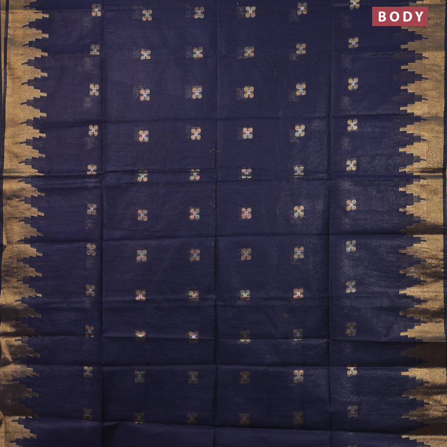 Semi tussar saree navy blue and pink with silver & zari woven buttas and temple design zari woven border & kalamkari printed blouse