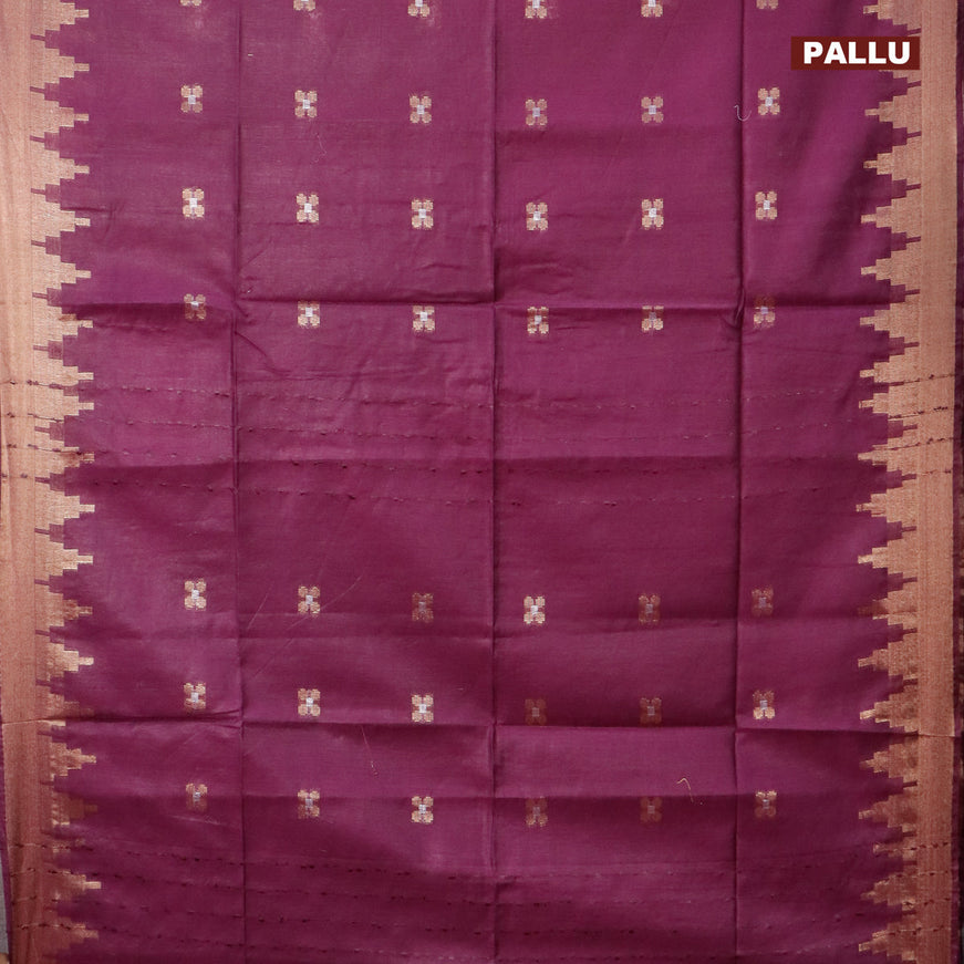 Semi tussar saree purple and mustard yellow with silver & zari woven buttas and temple design zari woven border & kalamkari printed blouse