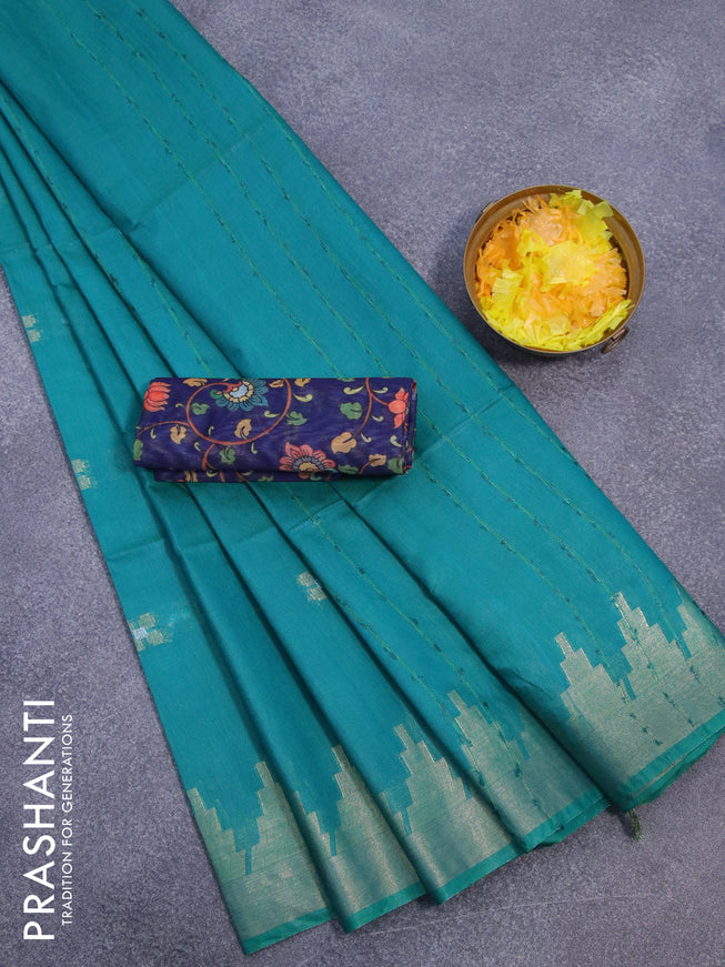 Semi tussar saree teal blue with silver & zari woven buttas and temple design zari woven border & kalamkari printed blouse
