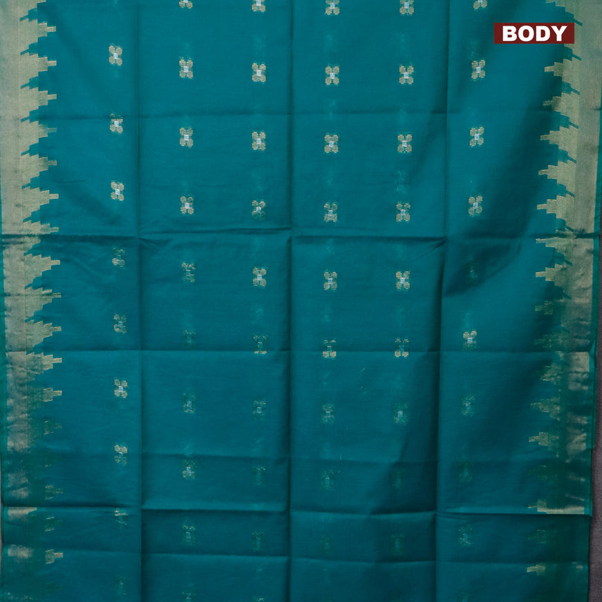 Semi tussar saree teal blue with silver & zari woven buttas and temple design zari woven border & kalamkari printed blouse