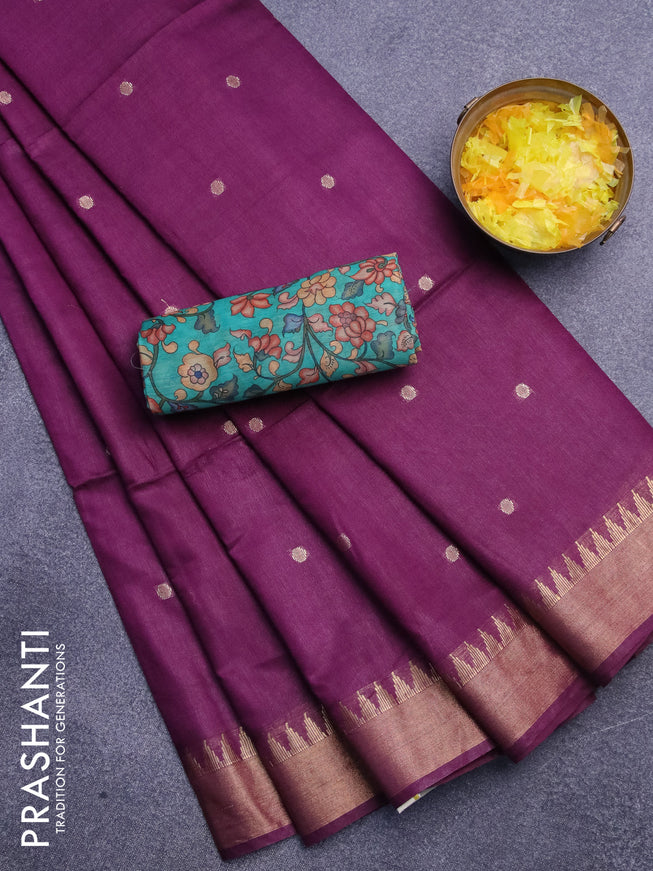 Semi tussar saree wine shade and teal green with allover zari woven buttas and temple design zari woven border & kalamkari printed blouse