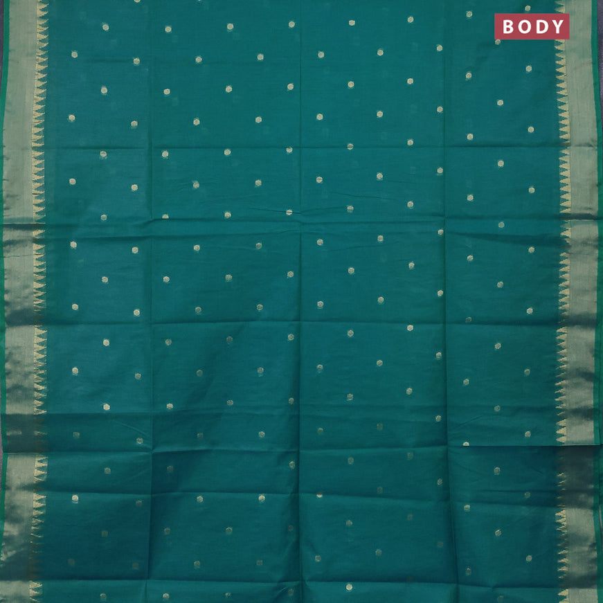 Semi tussar saree teal green shade and maroon with allover zari woven buttas and temple design zari woven border & kalamkari printed blouse
