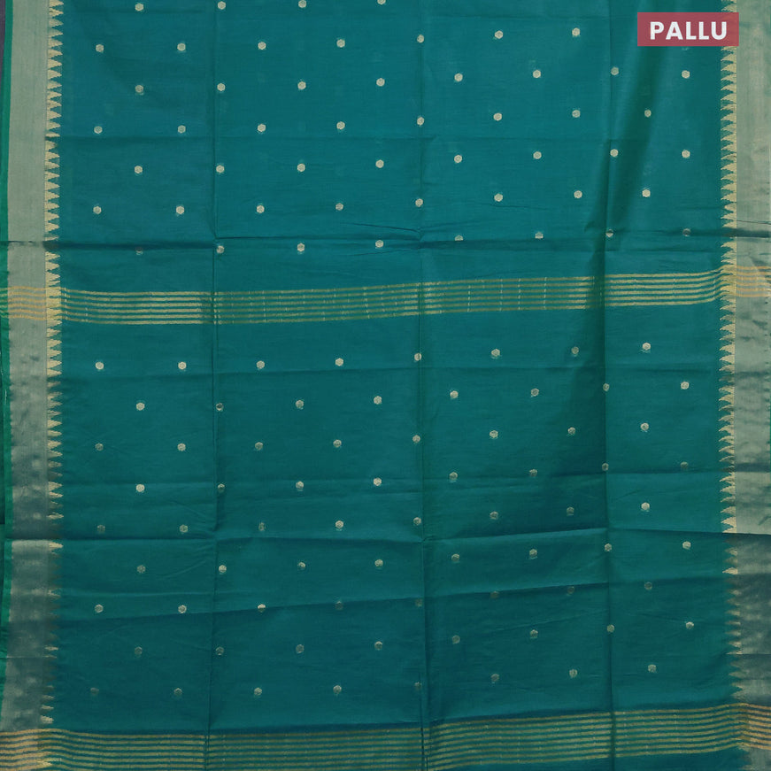 Semi tussar saree teal green shade and maroon with allover zari woven buttas and temple design zari woven border & kalamkari printed blouse