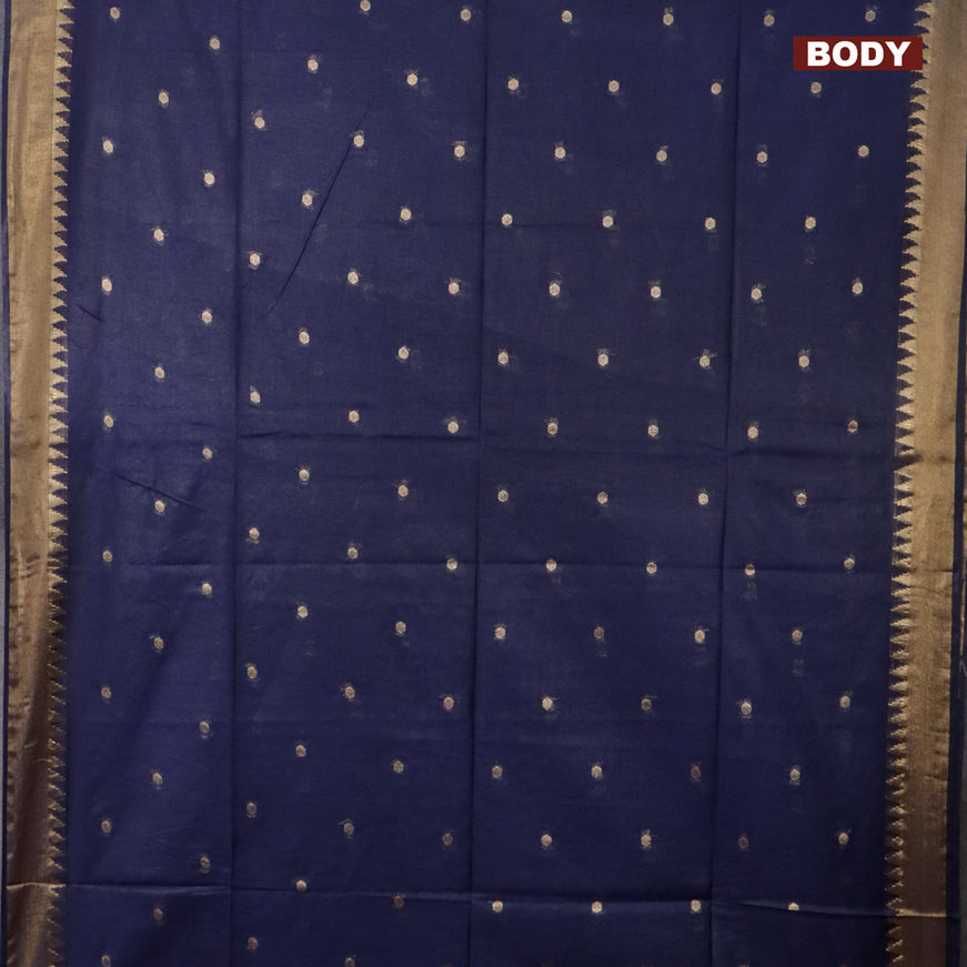 Semi tussar saree navy blue and pink with allover zari woven buttas and temple design zari woven border & kalamkari printed blouse