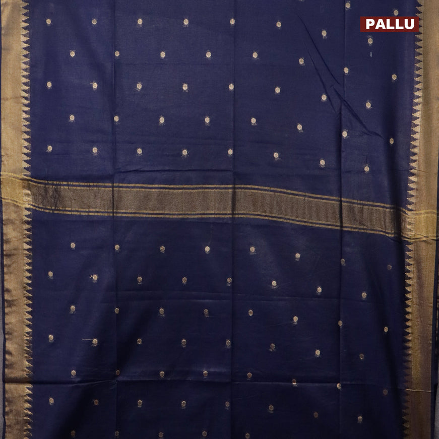 Semi tussar saree navy blue and pink with allover zari woven buttas and temple design zari woven border & kalamkari printed blouse
