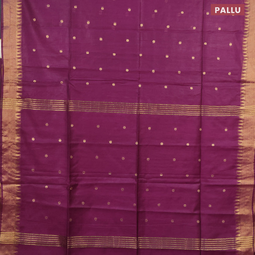 Semi tussar saree wine shade and blue with allover zari woven buttas and temple design zari woven border & kalamkari printed blouse