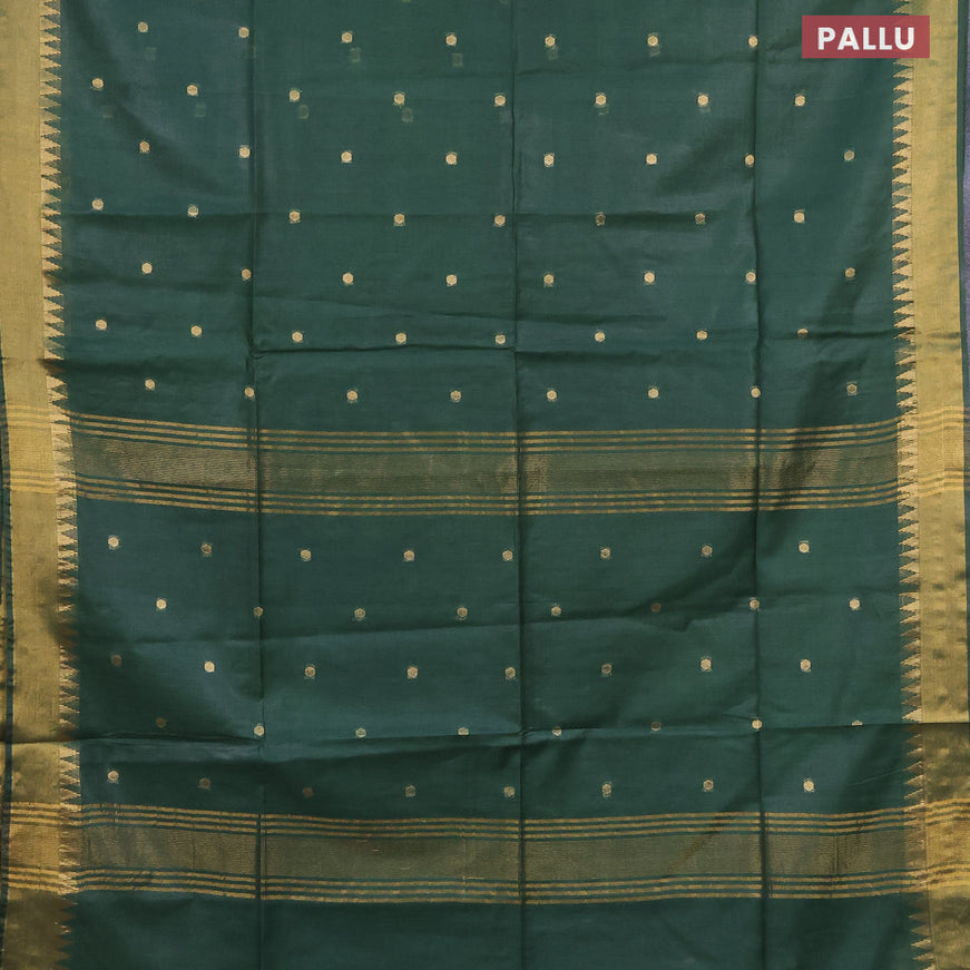 Semi tussar saree dark green and red with allover zari woven buttas and temple design zari woven border & kalamkari printed blouse