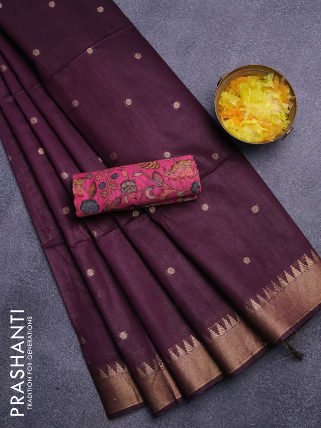 Semi tussar saree wine shade and pink with allover zari woven buttas and temple design zari woven border & kalamkari printed blouse