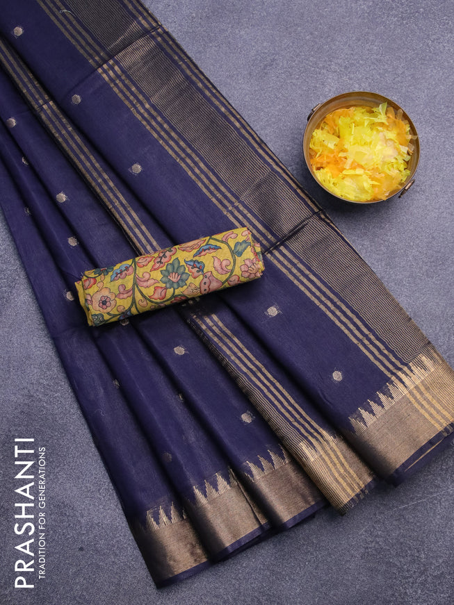 Semi tussar saree navy blue and yellow with allover zari woven buttas and temple design zari woven border & kalamkari printed blouse