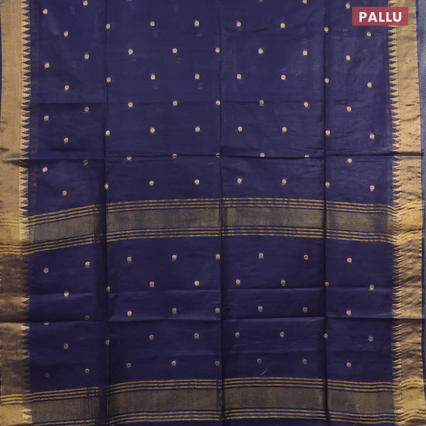 Semi tussar saree navy blue and yellow with allover zari woven buttas and temple design zari woven border & kalamkari printed blouse