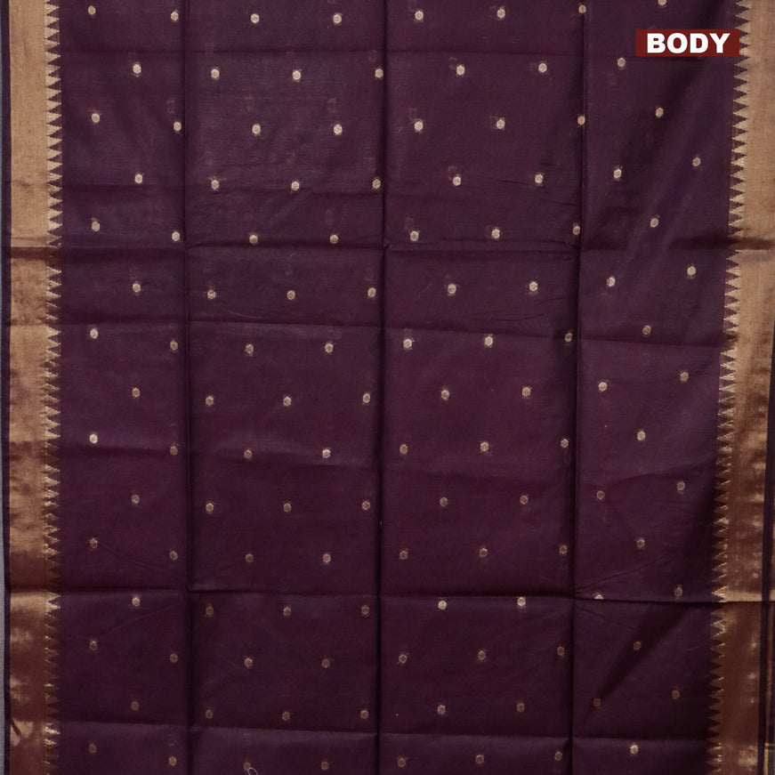 Semi tussar saree wine shade and cs blue with allover zari woven buttas and temple design zari woven border & kalamkari printed blouse