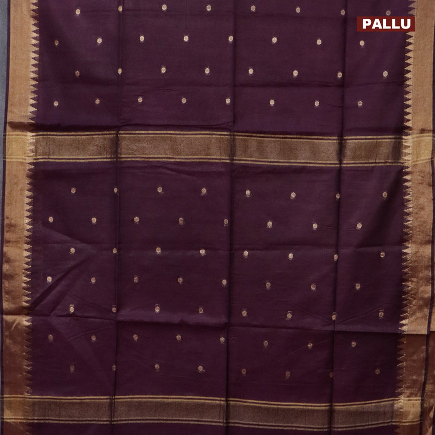 Semi tussar saree wine shade and cs blue with allover zari woven buttas and temple design zari woven border & kalamkari printed blouse