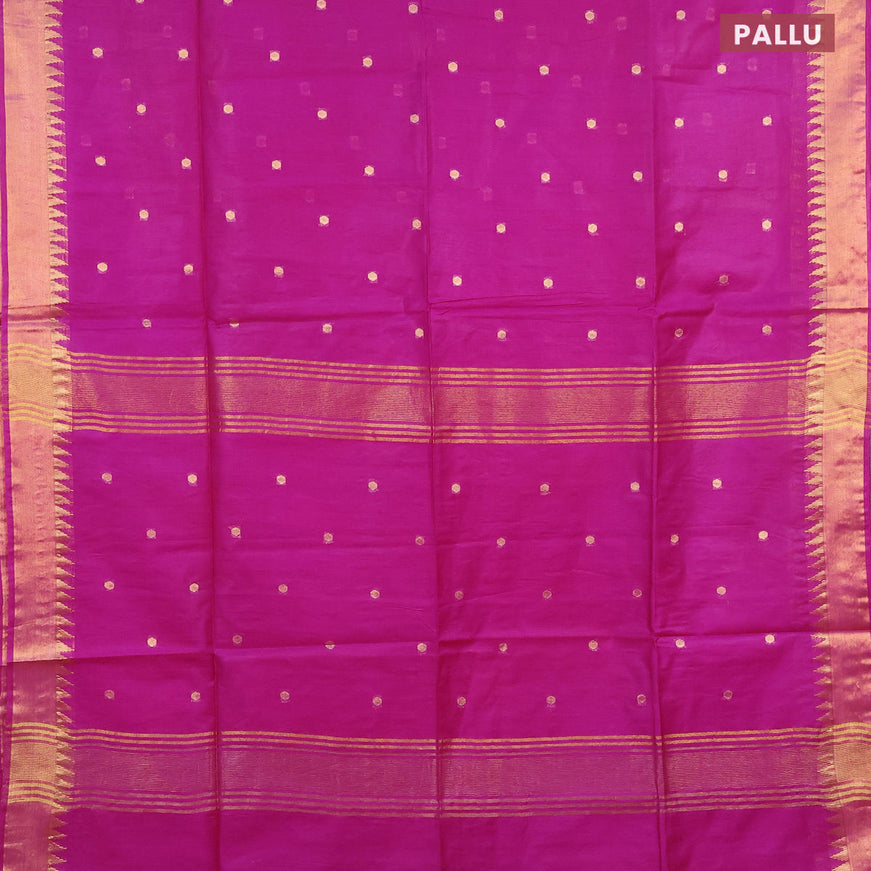 Semi tussar saree purple and green with allover zari woven buttas and temple design zari woven border & kalamkari printed blouse