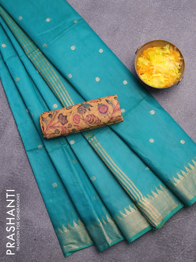 Semi tussar saree teal green and mustard yellow with allover zari woven buttas and temple design zari woven border & kalamkari printed blouse