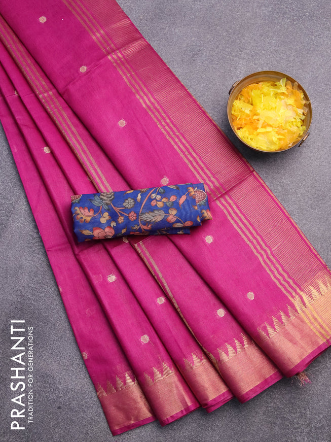Semi tussar saree purple and blue with allover zari woven buttas and temple design zari woven border & kalamkari printed blouse