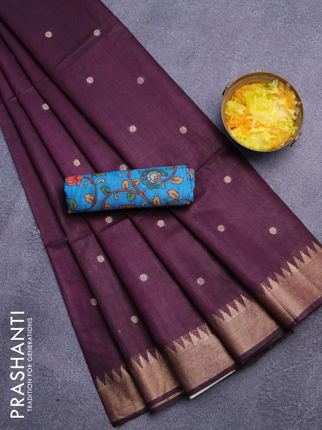 Semi tussar saree wine shade and blue with allover zari woven buttas and temple design zari woven border & kalamkari printed blouse