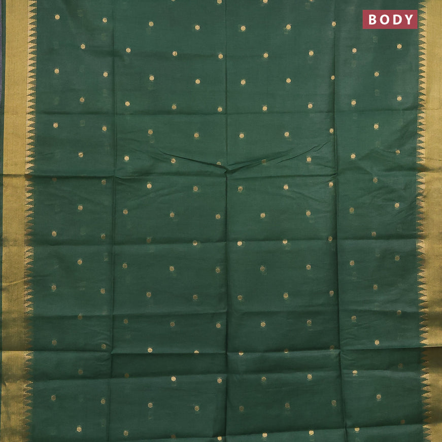 Semi tussar saree dark green and red with allover zari woven buttas and temple design zari woven border & kalamkari printed blouse