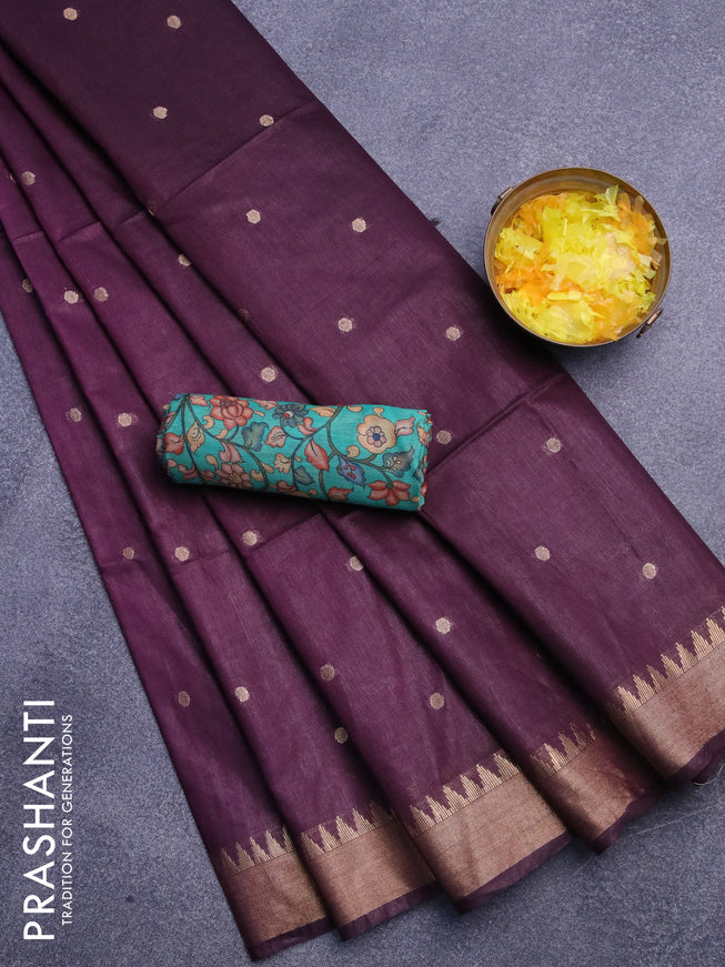 Semi tussar saree wine shade and teal green with allover zari woven buttas and temple design zari woven border & kalamkari printed blouse