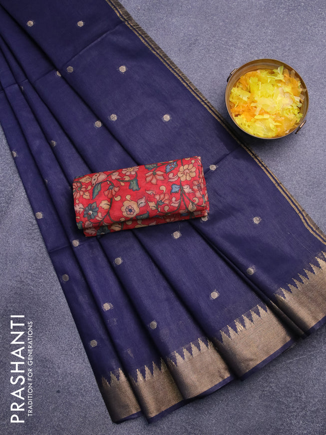 Semi tussar saree navy blue and red with allover zari woven buttas and temple design zari woven border & kalamkari printed blouse