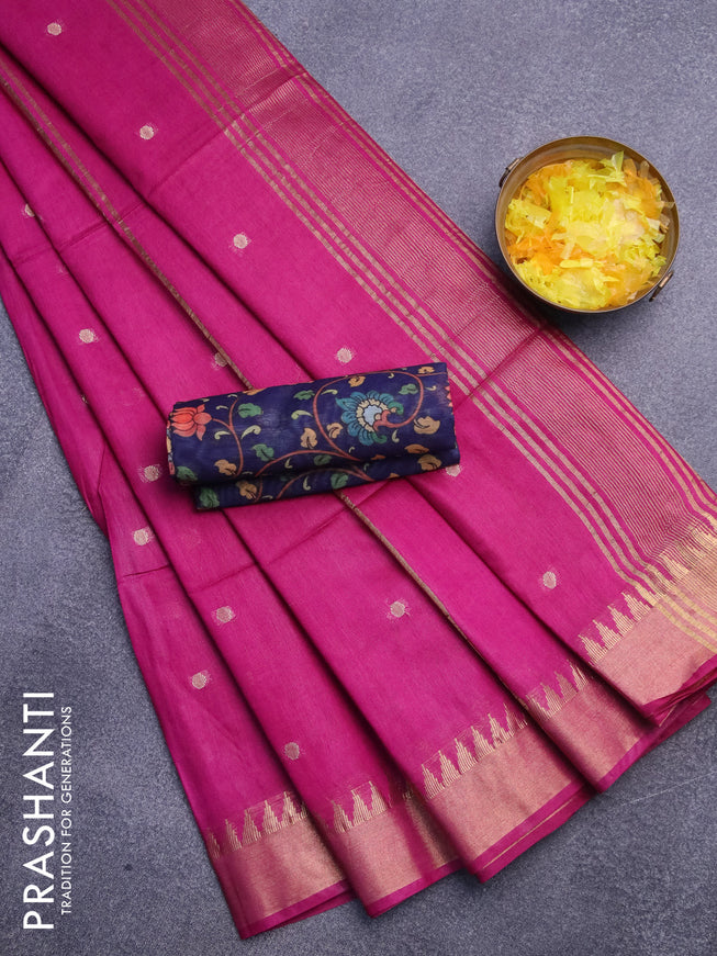 Semi tussar saree purple and navy blue with allover zari woven buttas and temple design zari woven border & kalamkari printed blouse
