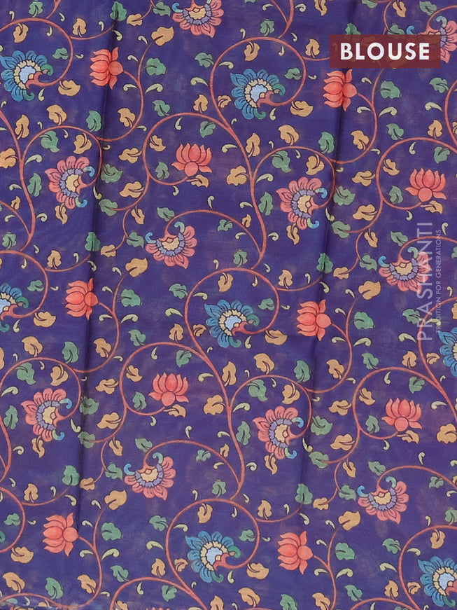 Semi tussar saree purple and navy blue with allover zari woven buttas and temple design zari woven border & kalamkari printed blouse