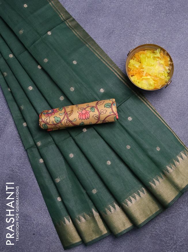 Semi tussar saree green and mustard yellow with allover zari woven buttas and temple design zari woven border & kalamkari printed blouse