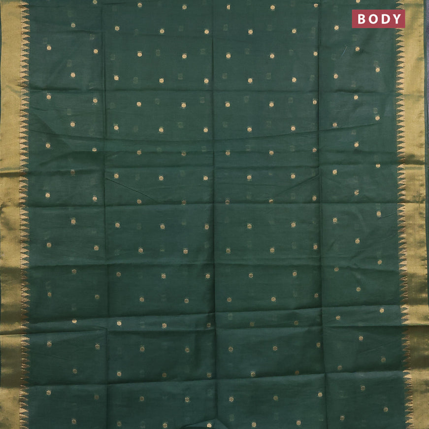 Semi tussar saree green and mustard yellow with allover zari woven buttas and temple design zari woven border & kalamkari printed blouse
