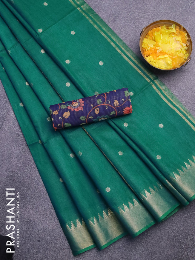 Semi tussar saree teal green shade and dark blue with allover zari woven buttas and temple design zari woven border & kalamkari printed blouse