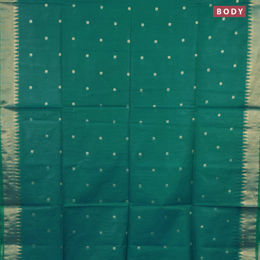 Semi tussar saree teal green shade and dark blue with allover zari woven buttas and temple design zari woven border & kalamkari printed blouse