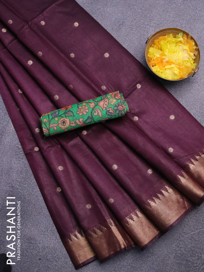 Semi tussar saree wine shade and green with allover zari woven buttas and temple design zari woven border & kalamkari printed blouse