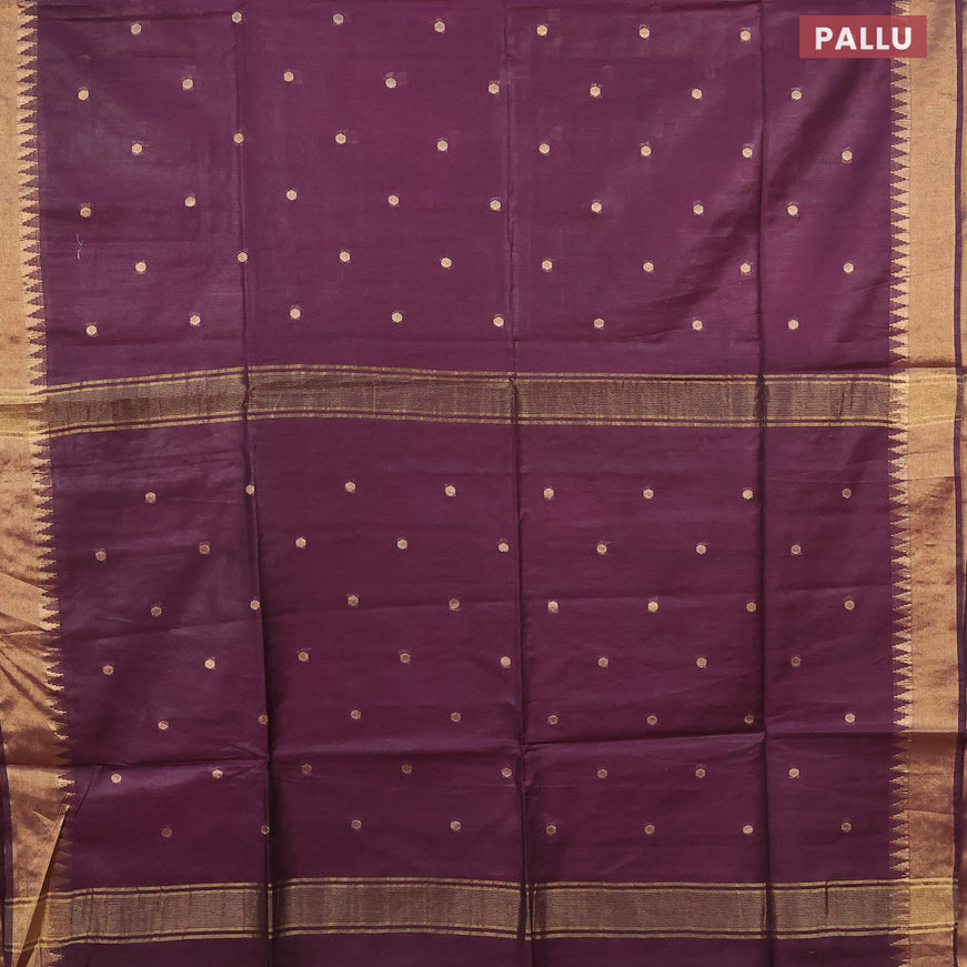 Semi tussar saree wine shade and green with allover zari woven buttas and temple design zari woven border & kalamkari printed blouse