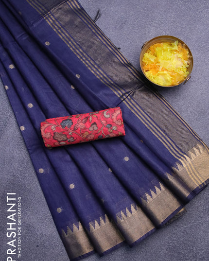 Semi tussar saree navy blue and red shade with allover zari woven buttas and temple design zari woven border & kalamkari printed blouse