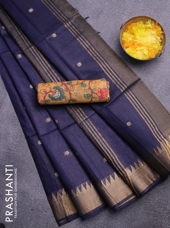 Semi tussar saree navy blue and mustard yellow with allover zari woven buttas and temple design zari woven border & kalamkari printed blouse