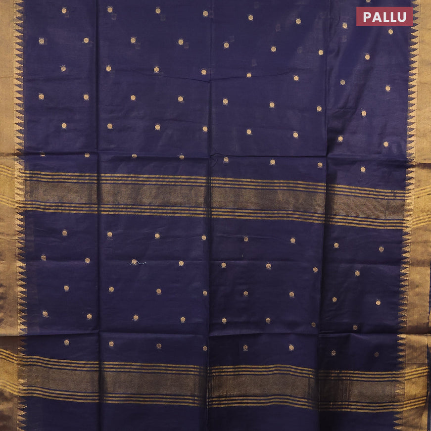 Semi tussar saree navy blue and mustard yellow with allover zari woven buttas and temple design zari woven border & kalamkari printed blouse