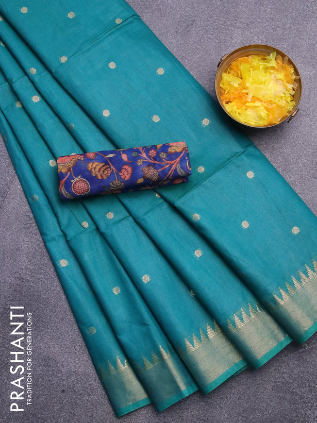 Semi tussar saree teal green shade and blue with allover zari woven buttas and temple design zari woven border & kalamkari printed blouse