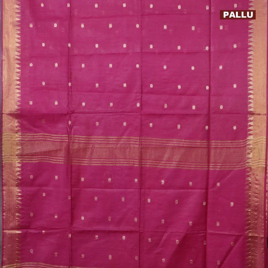 Semi tussar saree magenta pink and dark green with allover zari woven buttas and temple design zari woven border & kalamkari printed blouse