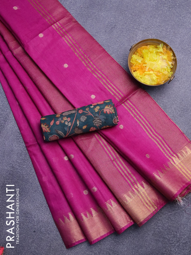 Semi tussar saree purple and dark green with allover zari woven buttas and temple design zari woven border & kalamkari printed blouse