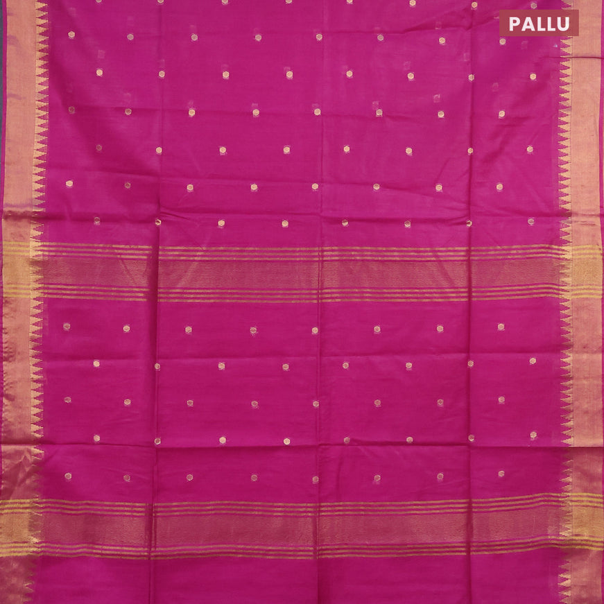 Semi tussar saree purple and dark green with allover zari woven buttas and temple design zari woven border & kalamkari printed blouse