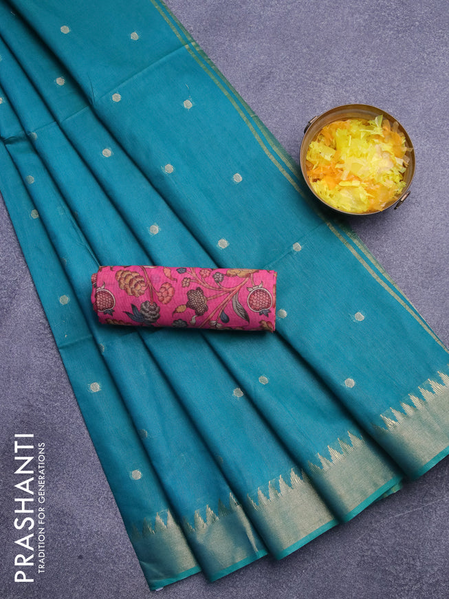 Semi tussar saree teal green shade and pink with allover zari woven buttas and temple design zari woven border & kalamkari printed blouse