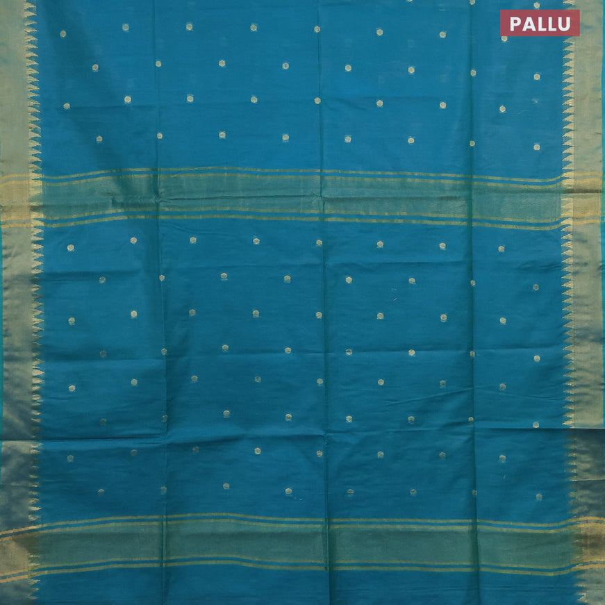 Semi tussar saree teal green shade and pink with allover zari woven buttas and temple design zari woven border & kalamkari printed blouse