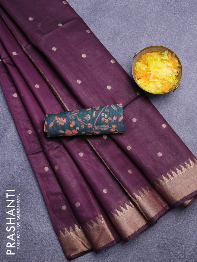 Semi tussar saree wine shade and dark green with allover zari woven buttas and temple design zari woven border & kalamkari printed blouse