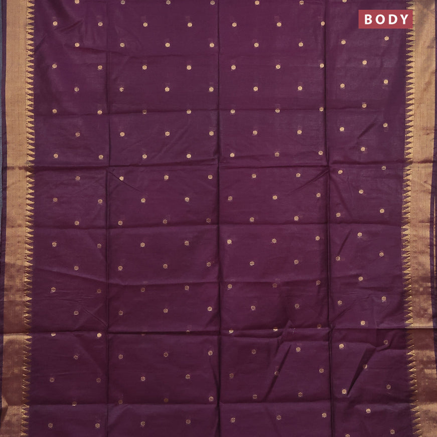 Semi tussar saree wine shade and dark green with allover zari woven buttas and temple design zari woven border & kalamkari printed blouse