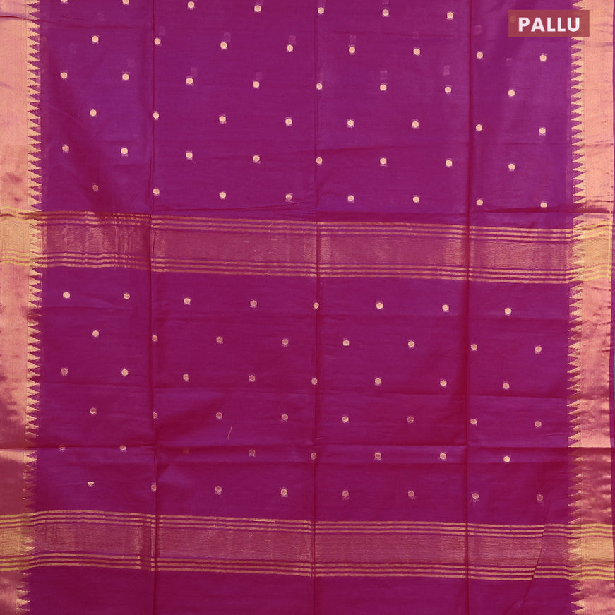Semi tussar saree purple and blue with allover zari woven buttas and temple design zari woven border & kalamkari printed blouse