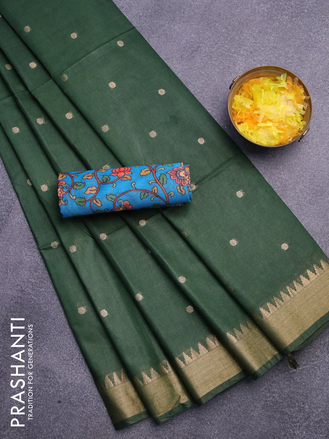 Semi tussar saree dark green and cs blue with allover zari woven buttas and temple design zari woven border & kalamkari printed blouse