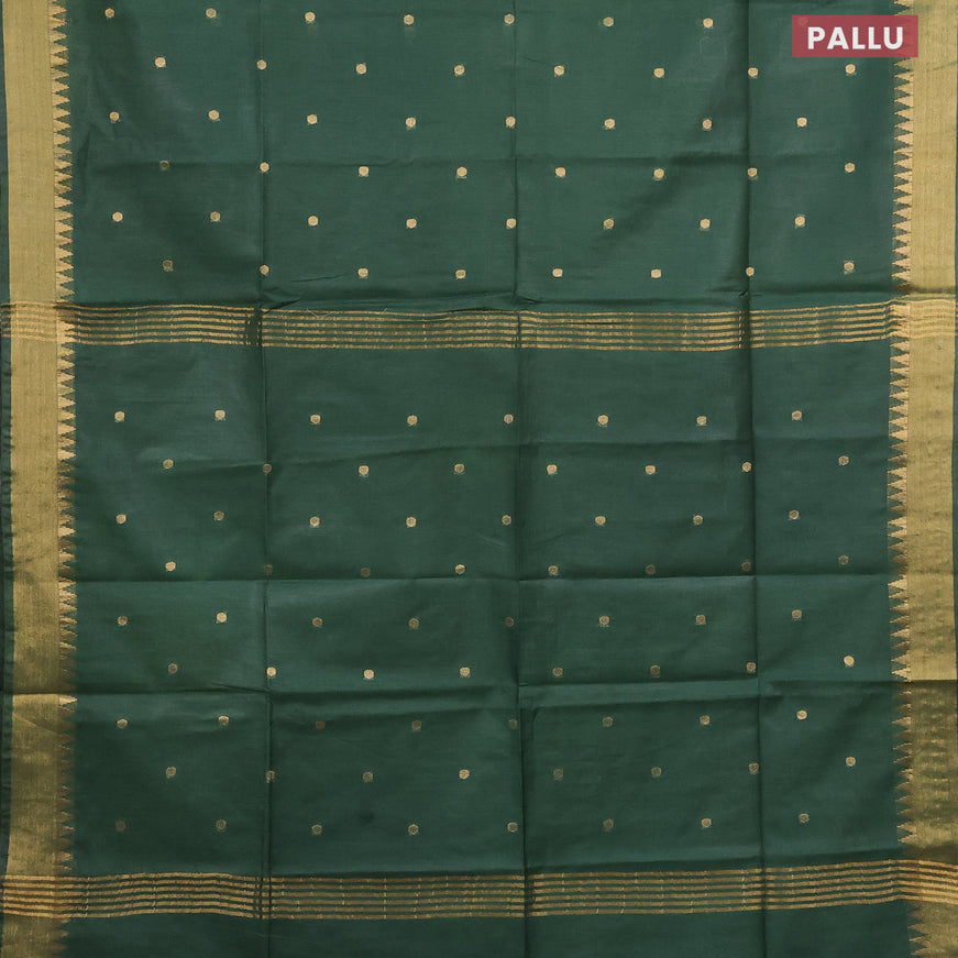 Semi tussar saree dark green and cs blue with allover zari woven buttas and temple design zari woven border & kalamkari printed blouse